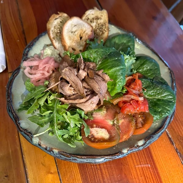 A vibrant salad with shredded meat, fresh greens, sliced tomatoes, pickled onions, and toasted bread.