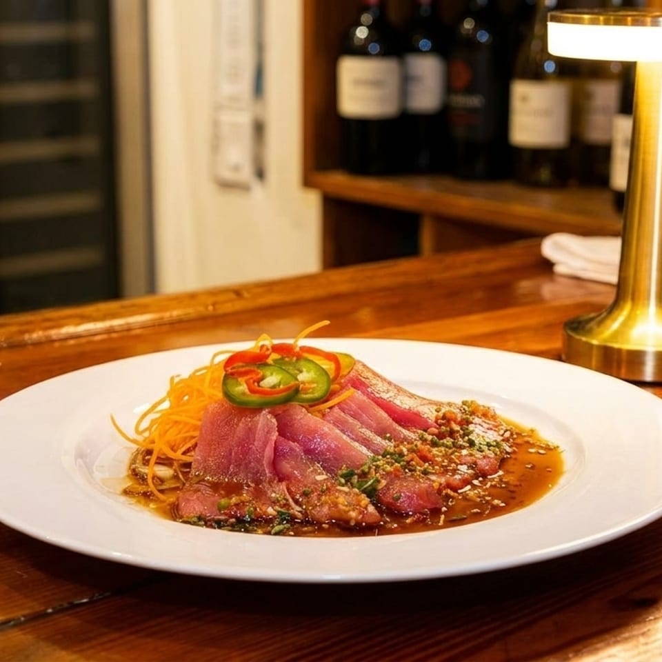 Seared tuna with sauce, shredded carrots, and sliced peppers on a white plate on a wooden bar.