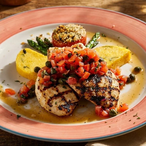Grilled chicken with tomato bruschetta, polenta, asparagus, and a breaded tomato on a rustic plate.