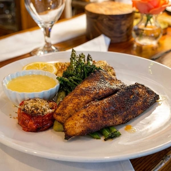 Blackened fish with asparagus, a baked tomato, and lemon sauce on a white plate.