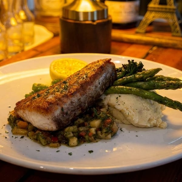 Pan-seared fish with asparagus, mashed potatoes, and salsa on a white plate.