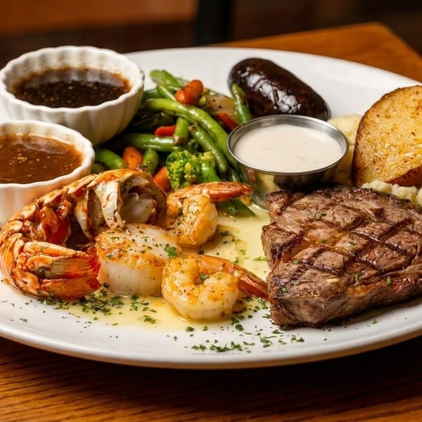 Surf and turf platter with steak, lobster, shrimp, scallops, vegetables, potato, and sauces.