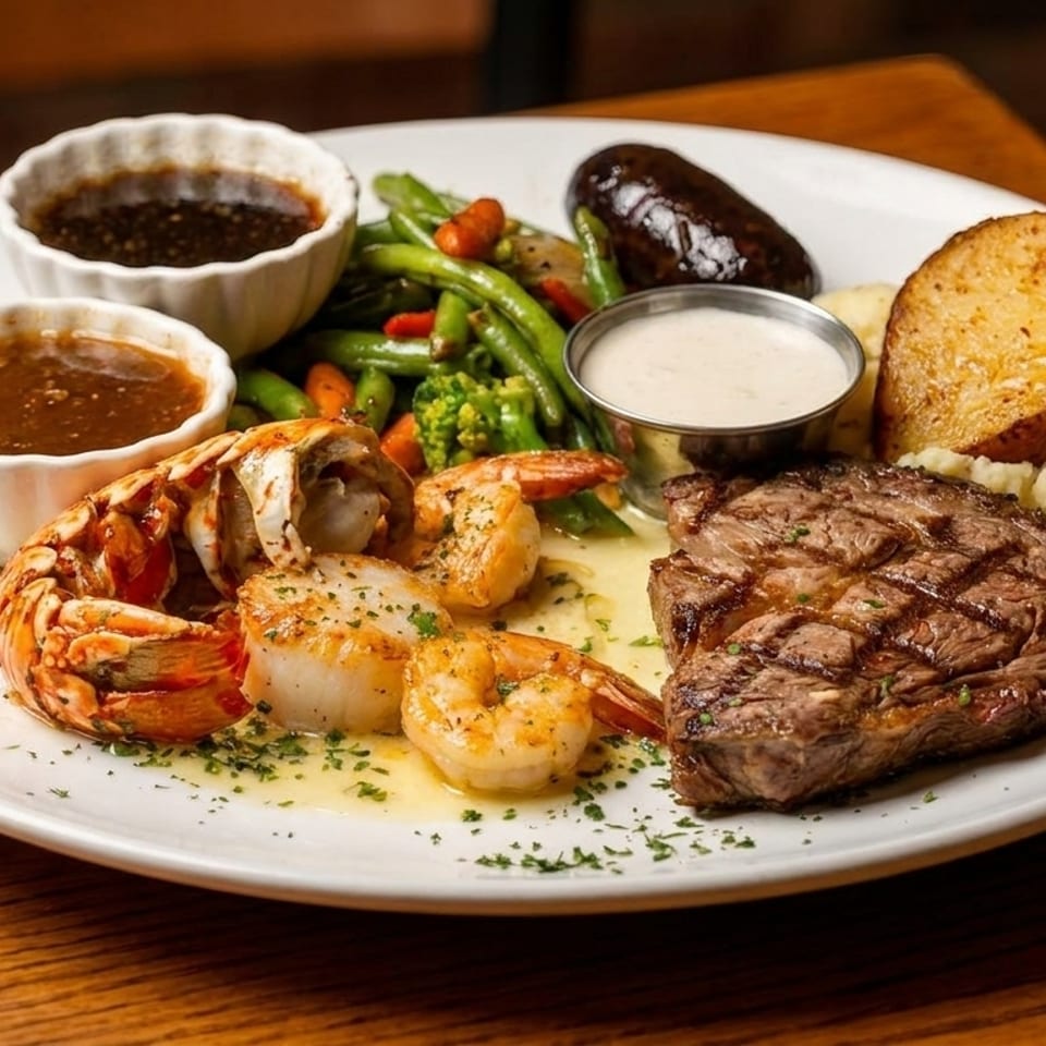 Surf and turf platter with steak, lobster, shrimp, scallops, vegetables, potato, and sauces.