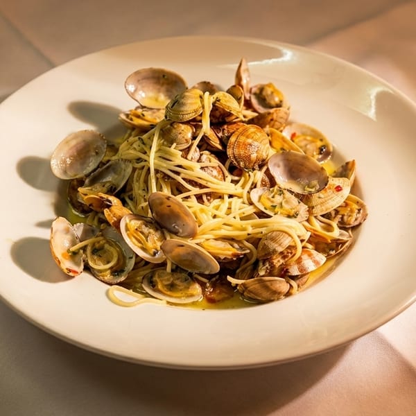 A white plate filled with spaghetti and numerous baby clams in a light sauce.